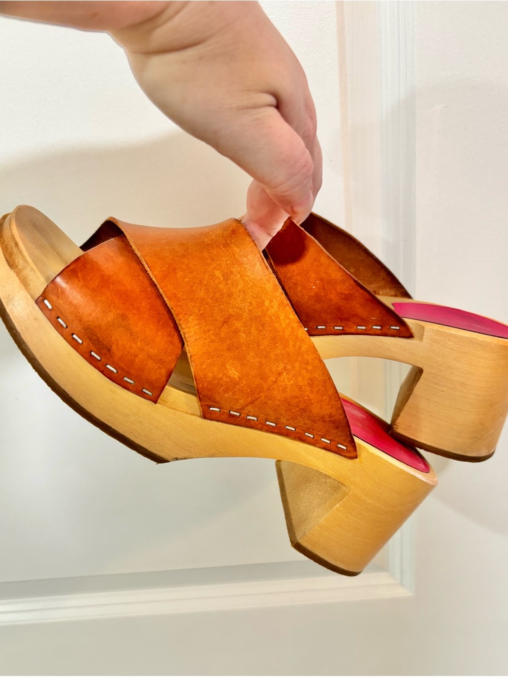Swedish Hasbeens Anette High Tan Crossband Leather Clogs - Picture 14 of 16